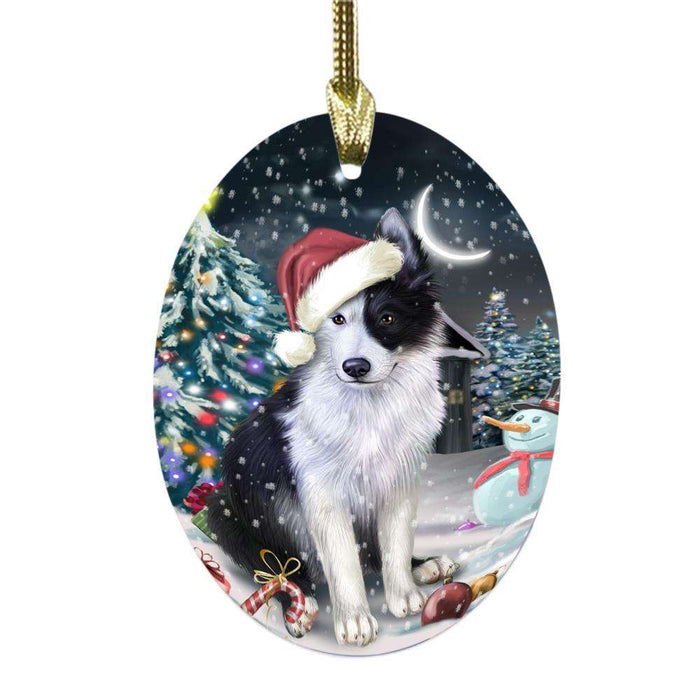 Have a Holly Jolly Christmas Happy Holidays Border Collie Dog Oval Glass Christmas Ornament OGOR48101