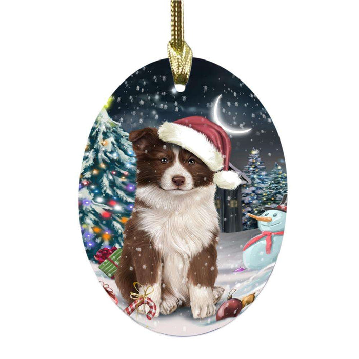 Have a Holly Jolly Christmas Happy Holidays Border Collie Dog Oval Glass Christmas Ornament OGOR48102