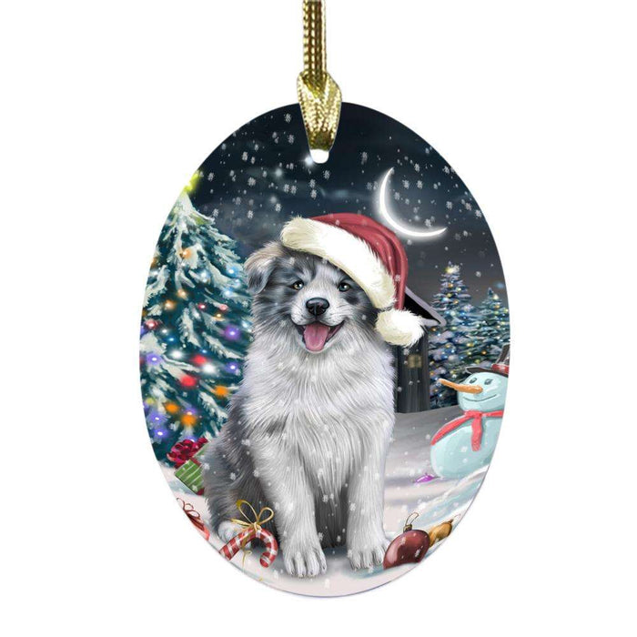 Have a Holly Jolly Christmas Happy Holidays Border Collie Dog Oval Glass Christmas Ornament OGOR48103