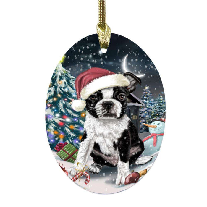Have a Holly Jolly Christmas Happy Holidays Boston Terrier Dog Oval Glass Christmas Ornament OGOR48044
