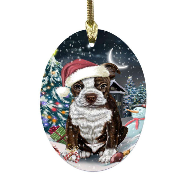 Have a Holly Jolly Christmas Happy Holidays Boston Terrier Dog Oval Glass Christmas Ornament OGOR48045