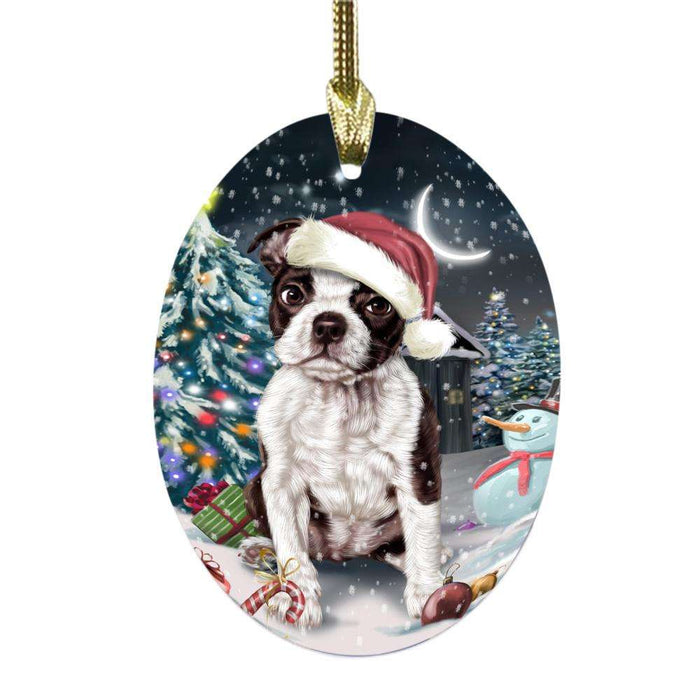 Have a Holly Jolly Christmas Happy Holidays Boston Terrier Dog Oval Glass Christmas Ornament OGOR48046