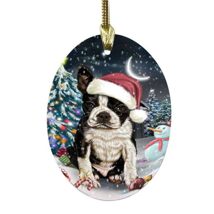 Have a Holly Jolly Christmas Happy Holidays Boston Terrier Dog Oval Glass Christmas Ornament OGOR48047