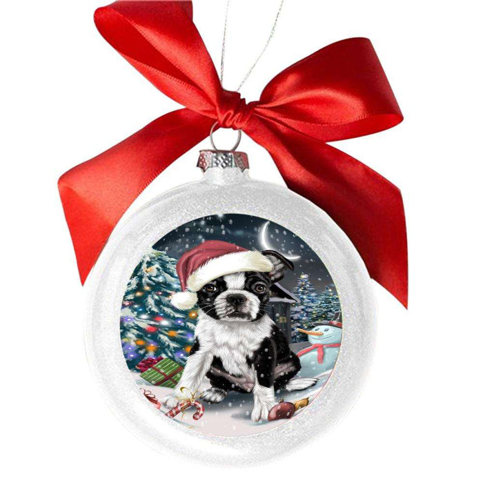 Have a Holly Jolly Christmas Happy Holidays Boston Terrier Dog White Round Ball Christmas Ornament WBSOR48044