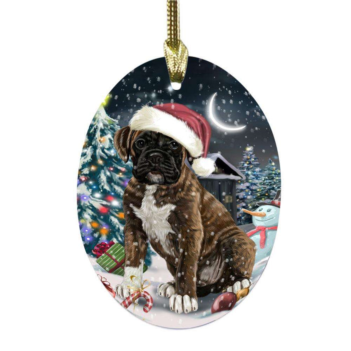 Have a Holly Jolly Christmas Happy Holidays Boxer Dog Oval Glass Christmas Ornament OGOR48049