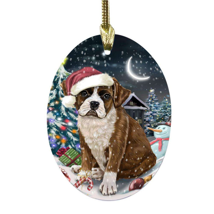 Have a Holly Jolly Christmas Happy Holidays Boxer Dog Oval Glass Christmas Ornament OGOR48050