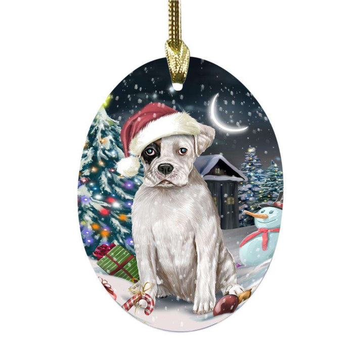 Have a Holly Jolly Christmas Happy Holidays Boxer Dog Oval Glass Christmas Ornament OGOR48051