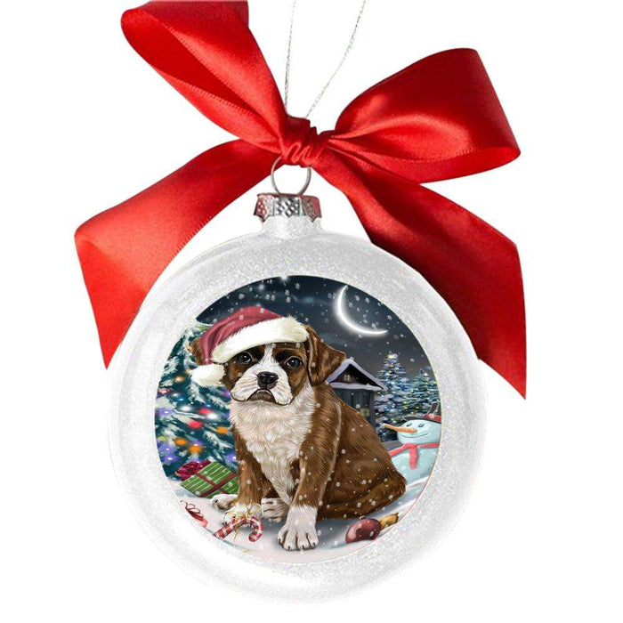 Have a Holly Jolly Christmas Happy Holidays Boxer Dog White Round Ball Christmas Ornament WBSOR48050