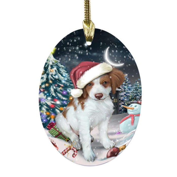 Have a Holly Jolly Christmas Happy Holidays Brittany Spaniel Dog Oval Glass Christmas Ornament OGOR48104