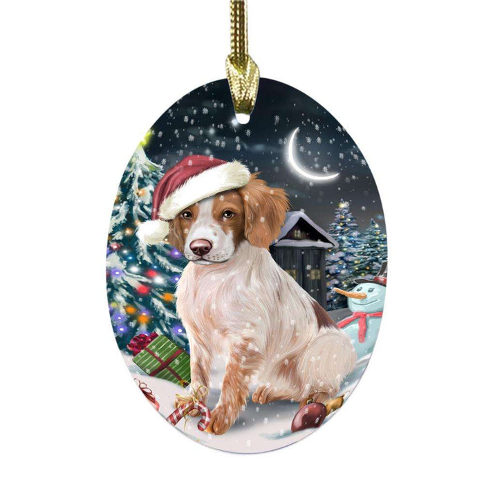 Have a Holly Jolly Christmas Happy Holidays Brittany Spaniel Dog Oval Glass Christmas Ornament OGOR48105