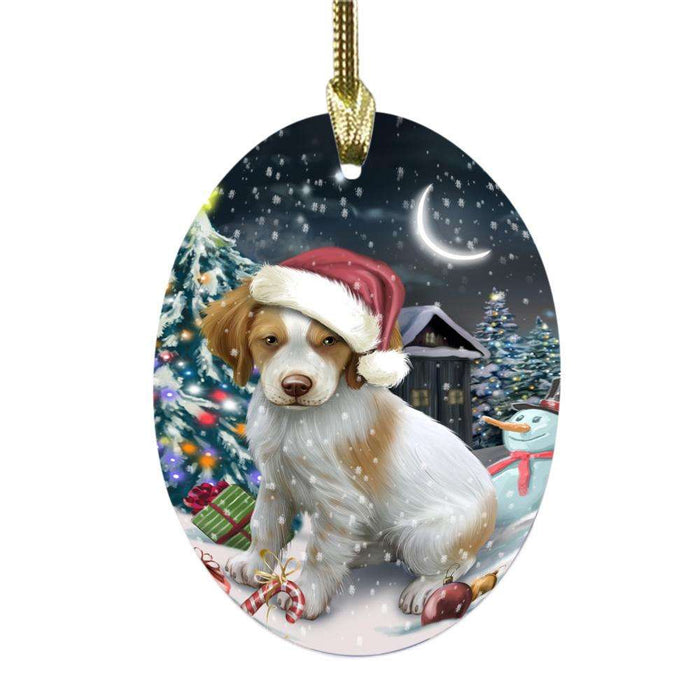 Have a Holly Jolly Christmas Happy Holidays Brittany Spaniel Dog Oval Glass Christmas Ornament OGOR48106