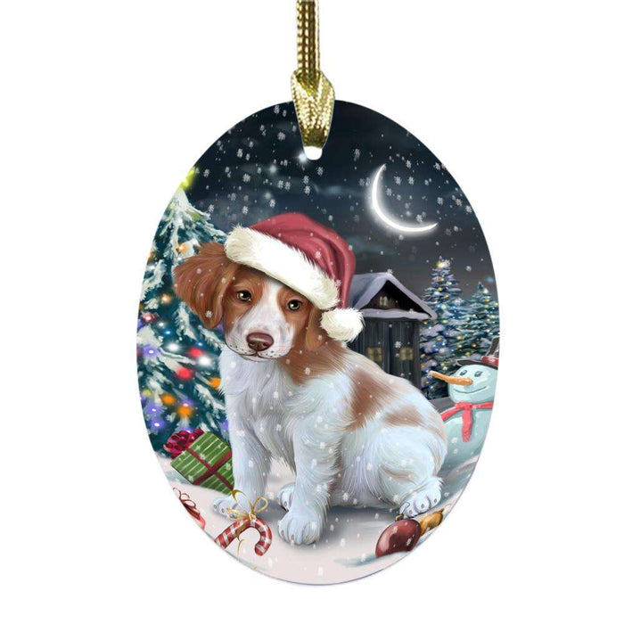 Have a Holly Jolly Christmas Happy Holidays Brittany Spaniel Dog Oval Glass Christmas Ornament OGOR48107