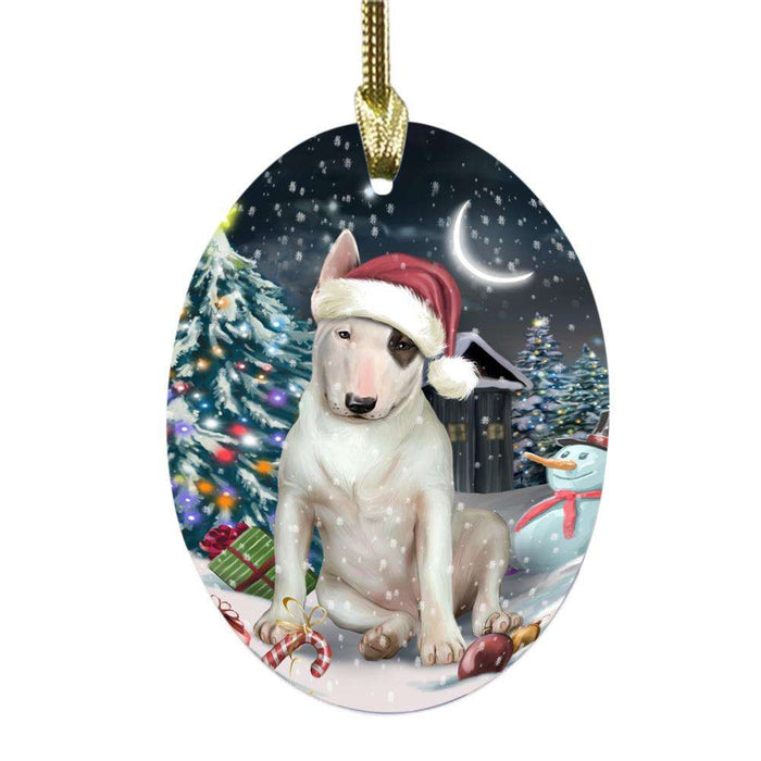 Have a Holly Jolly Christmas Happy Holidays Bull Terrier Dog Oval Glass Christmas Ornament OGOR48108