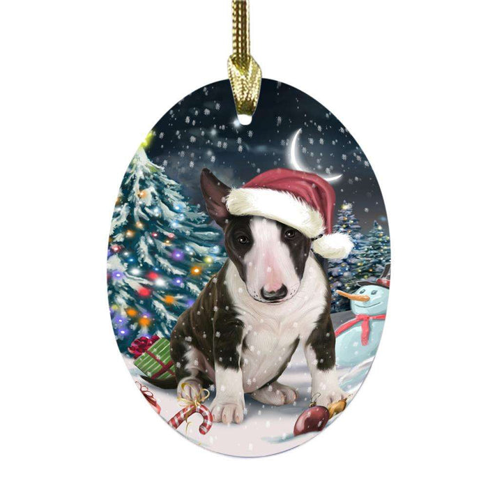 Have a Holly Jolly Christmas Happy Holidays Bull Terrier Dog Oval Glass Christmas Ornament OGOR48109