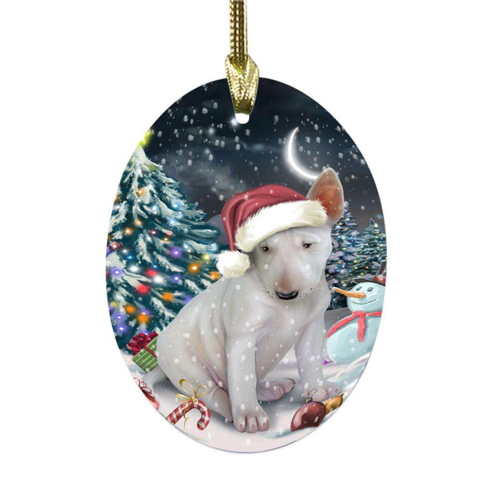 Have a Holly Jolly Christmas Happy Holidays Bull Terrier Dog Oval Glass Christmas Ornament OGOR48110