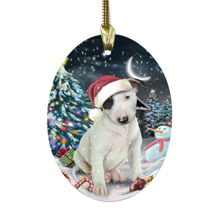 Have a Holly Jolly Christmas Happy Holidays Bull Terrier Dog Oval Glass Christmas Ornament OGOR48111