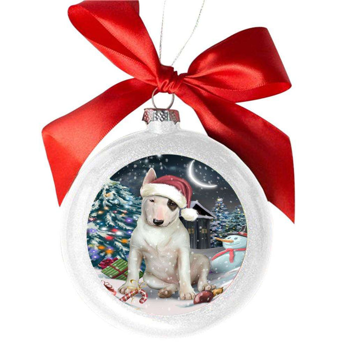Have a Holly Jolly Christmas Happy Holidays Bull Terrier Dog White Round Ball Christmas Ornament WBSOR48108