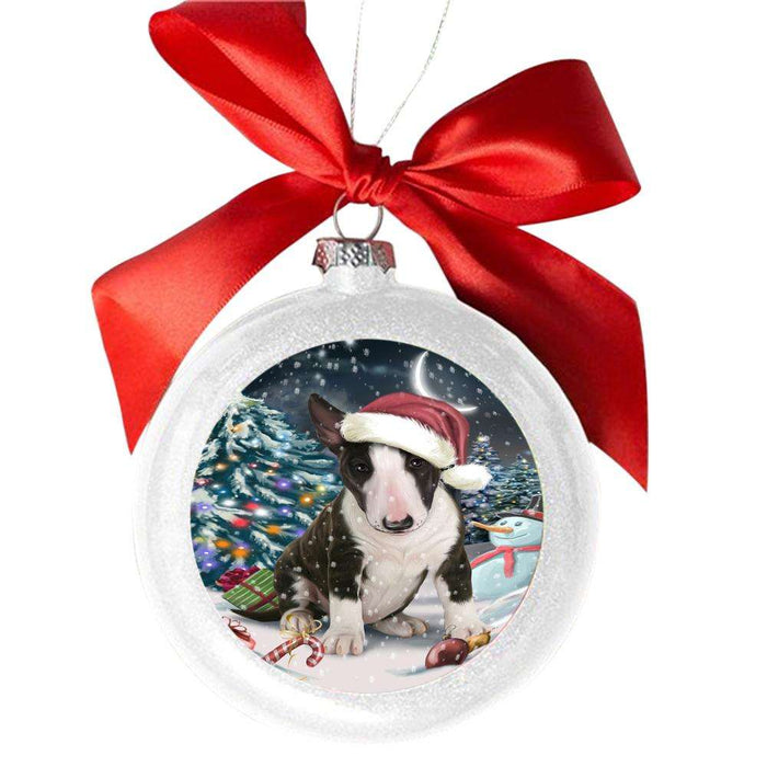 Have a Holly Jolly Christmas Happy Holidays Bull Terrier Dog White Round Ball Christmas Ornament WBSOR48109