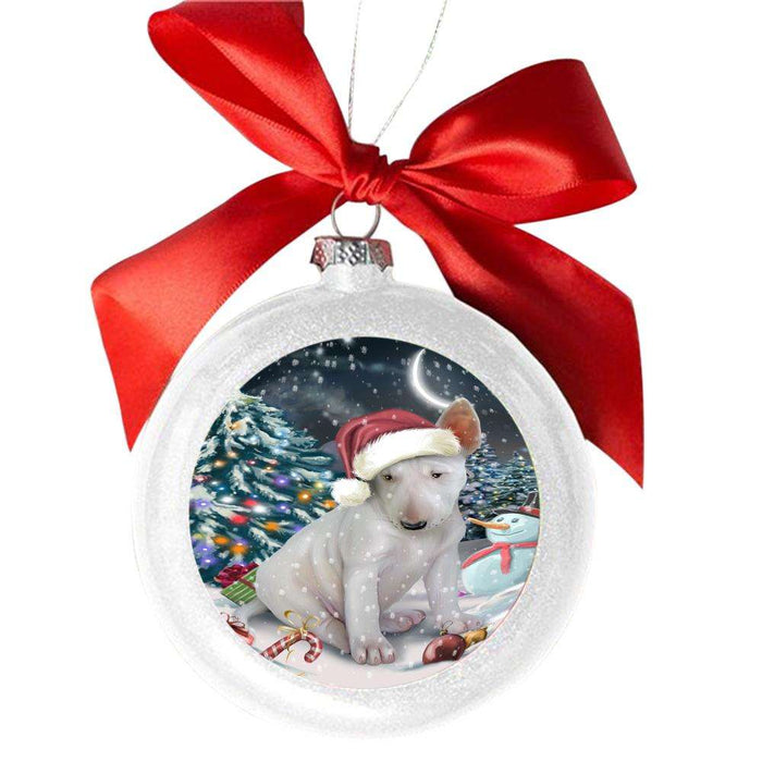 Have a Holly Jolly Christmas Happy Holidays Bull Terrier Dog White Round Ball Christmas Ornament WBSOR48110