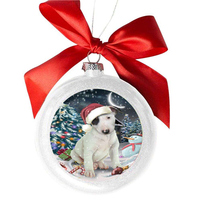 Have a Holly Jolly Christmas Happy Holidays Bull Terrier Dog White Round Ball Christmas Ornament WBSOR48111