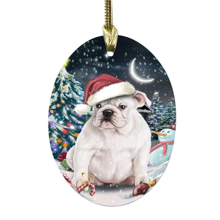 Have a Holly Jolly Christmas Happy Holidays Bulldog Oval Glass Christmas Ornament OGOR48112