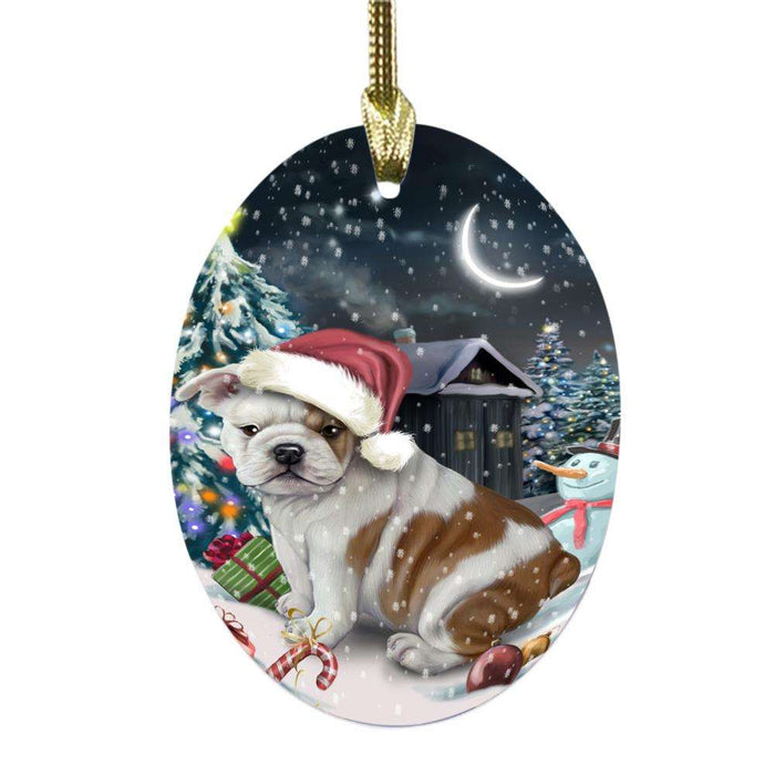 Have a Holly Jolly Christmas Happy Holidays Bulldog Oval Glass Christmas Ornament OGOR48113