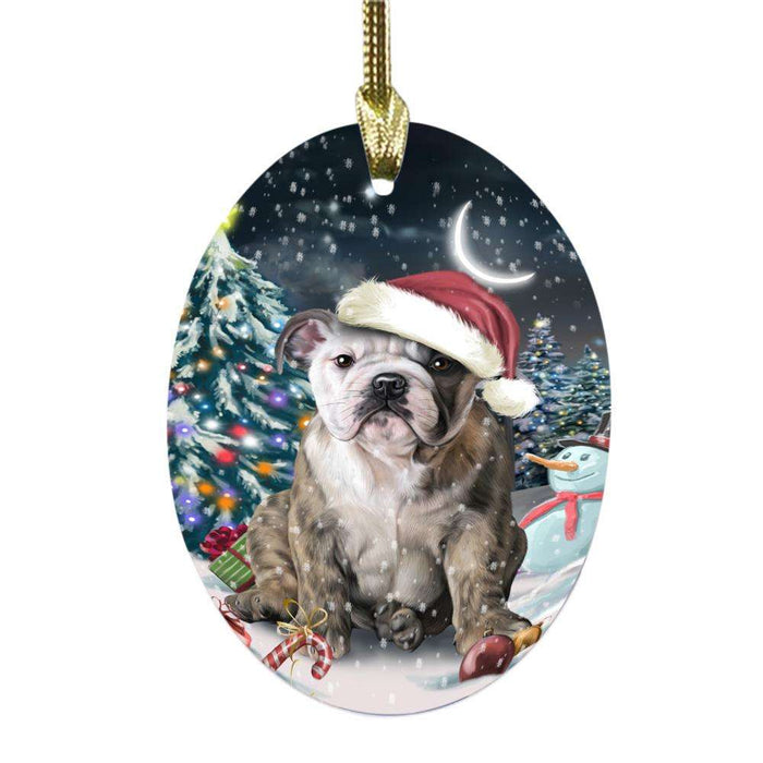 Have a Holly Jolly Christmas Happy Holidays Bulldog Oval Glass Christmas Ornament OGOR48114