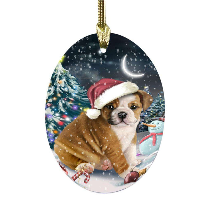 Have a Holly Jolly Christmas Happy Holidays Bulldog Oval Glass Christmas Ornament OGOR48115