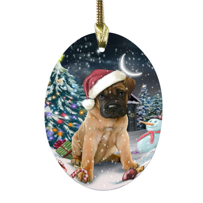 Have a Holly Jolly Christmas Happy Holidays Bullmastiff Dog Oval Glass Christmas Ornament OGOR48116