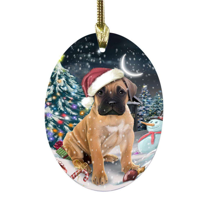 Have a Holly Jolly Christmas Happy Holidays Bullmastiff Dog Oval Glass Christmas Ornament OGOR48117