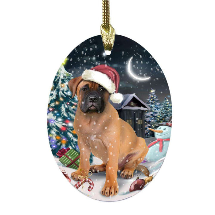 Have a Holly Jolly Christmas Happy Holidays Bullmastiff Dog Oval Glass Christmas Ornament OGOR48118