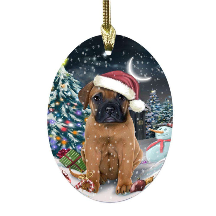 Have a Holly Jolly Christmas Happy Holidays Bullmastiff Dog Oval Glass Christmas Ornament OGOR48119