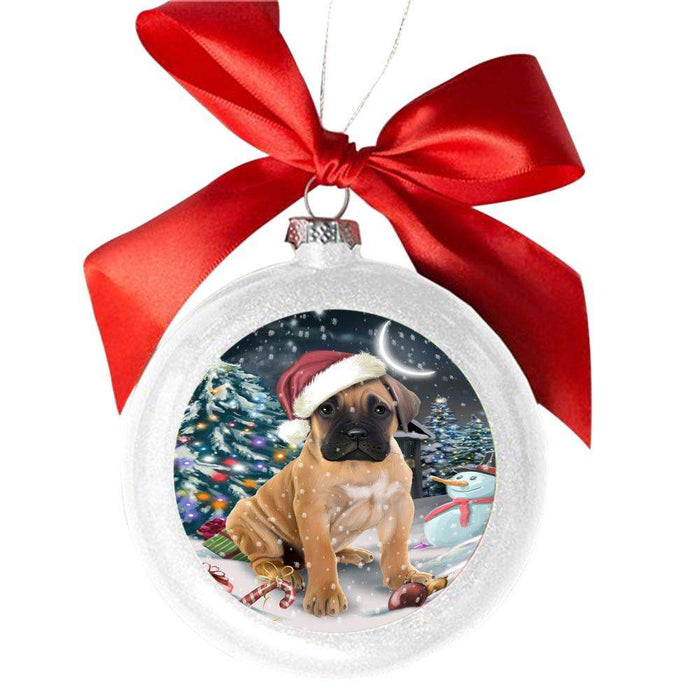 Have a Holly Jolly Christmas Happy Holidays Bullmastiff Dog White Round Ball Christmas Ornament WBSOR48117