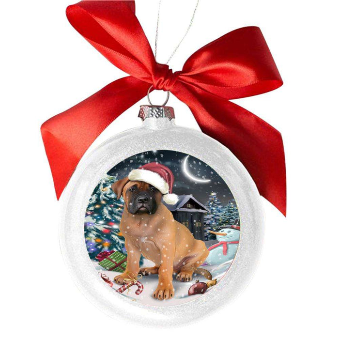 Have a Holly Jolly Christmas Happy Holidays Bullmastiff Dog White Round Ball Christmas Ornament WBSOR48118