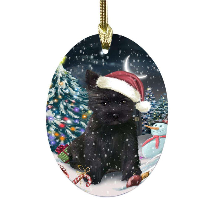 Have a Holly Jolly Christmas Happy Holidays Cairn Terrier Dog Oval Glass Christmas Ornament OGOR48123