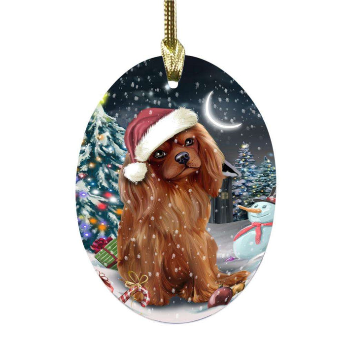 Have a Holly Jolly Christmas Happy Holidays Cavalier King Charles Spaniel Dog Oval Glass Christmas Ornament OGOR48124