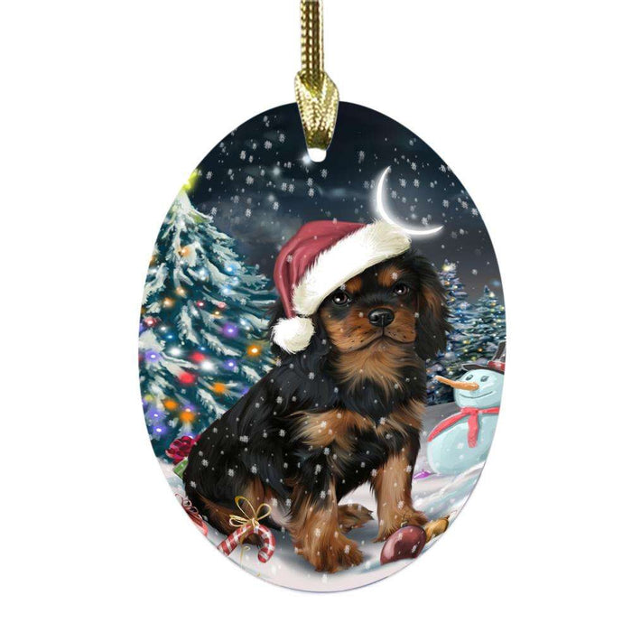 Have a Holly Jolly Christmas Happy Holidays Cavalier King Charles Spaniel Dog Oval Glass Christmas Ornament OGOR48125