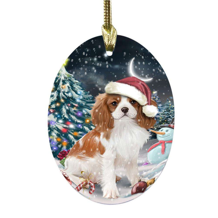 Have a Holly Jolly Christmas Happy Holidays Cavalier King Charles Spaniel Dog Oval Glass Christmas Ornament OGOR48126
