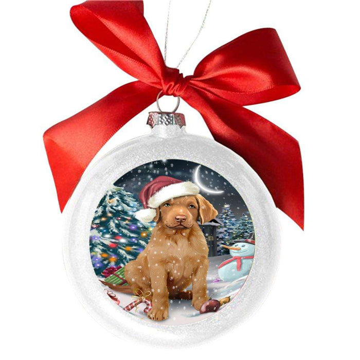 Have a Holly Jolly Christmas Happy Holidays Chesapeake Bay Retriever Dog White Round Ball Christmas Ornament WBSOR48128