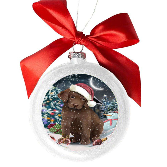 Have a Holly Jolly Christmas Happy Holidays Chesapeake Bay Retriever Dog White Round Ball Christmas Ornament WBSOR48129
