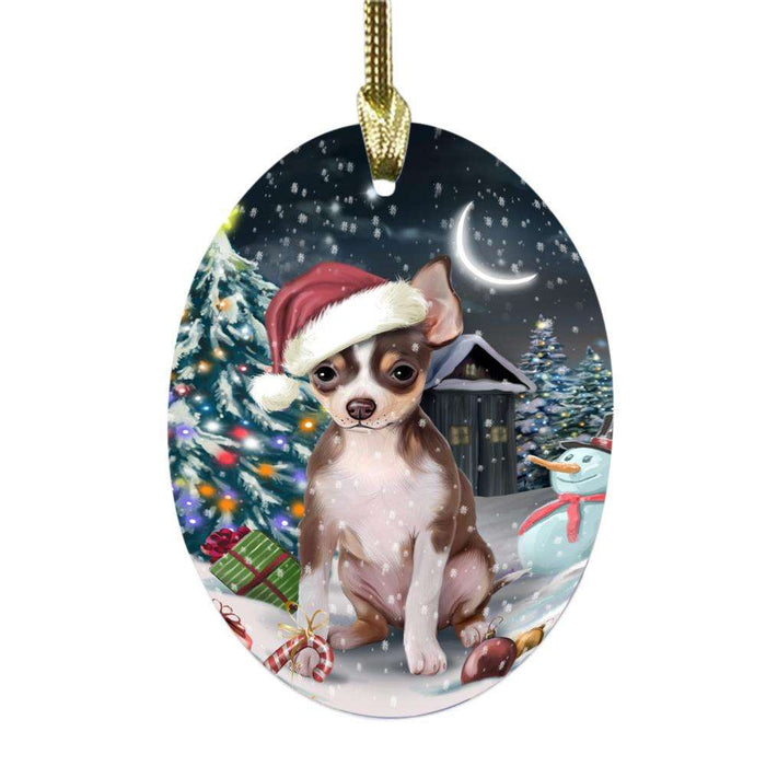 Have a Holly Jolly Christmas Happy Holidays Chihuahua Dog Oval Glass Christmas Ornament OGOR48133