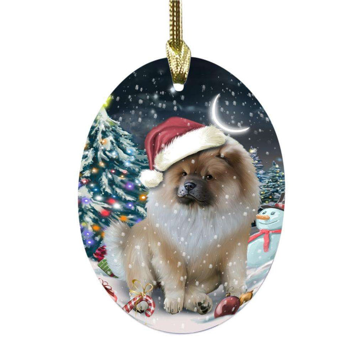 Have a Holly Jolly Christmas Happy Holidays Chow Chow Dog Oval Glass Christmas Ornament OGOR48136