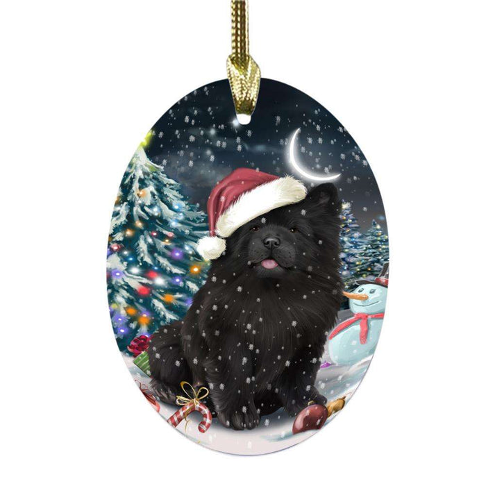 Have a Holly Jolly Christmas Happy Holidays Chow Chow Dog Oval Glass Christmas Ornament OGOR48137