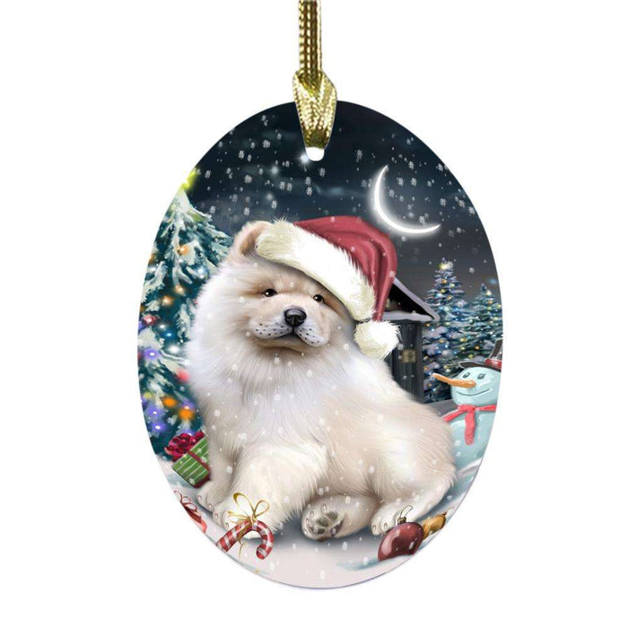 Have a Holly Jolly Christmas Happy Holidays Chow Chow Dog Oval Glass Christmas Ornament OGOR48138