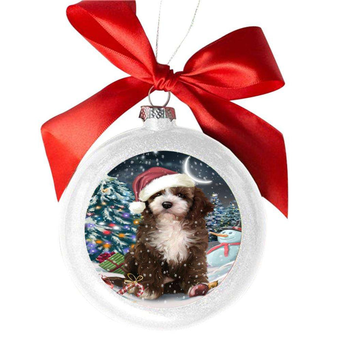 Have a Holly Jolly Christmas Happy Holidays Cockapoo Dog White Round Ball Christmas Ornament WBSOR48266