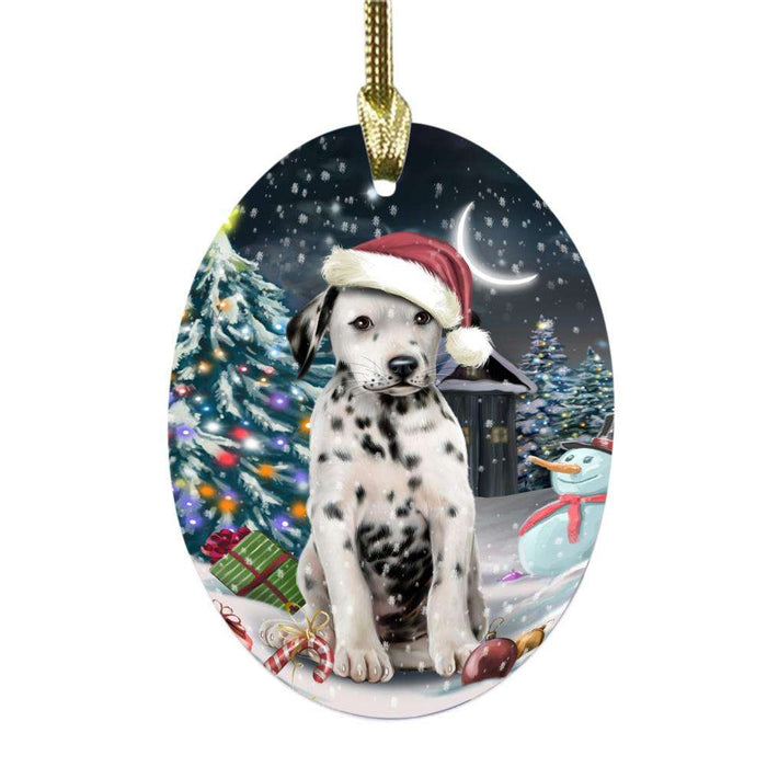 Have a Holly Jolly Christmas Happy Holidays Dalmatian Dog Oval Glass Christmas Ornament OGOR48148