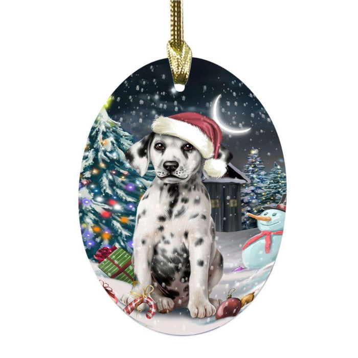 Have a Holly Jolly Christmas Happy Holidays Dalmatian Dog Oval Glass Christmas Ornament OGOR48149