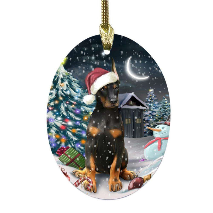 Have a Holly Jolly Christmas Happy Holidays Doberman Pincher Dog Oval Glass Christmas Ornament OGOR48152