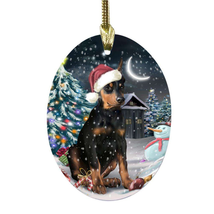 Have a Holly Jolly Christmas Happy Holidays Doberman Pincher Dog Oval Glass Christmas Ornament OGOR48153