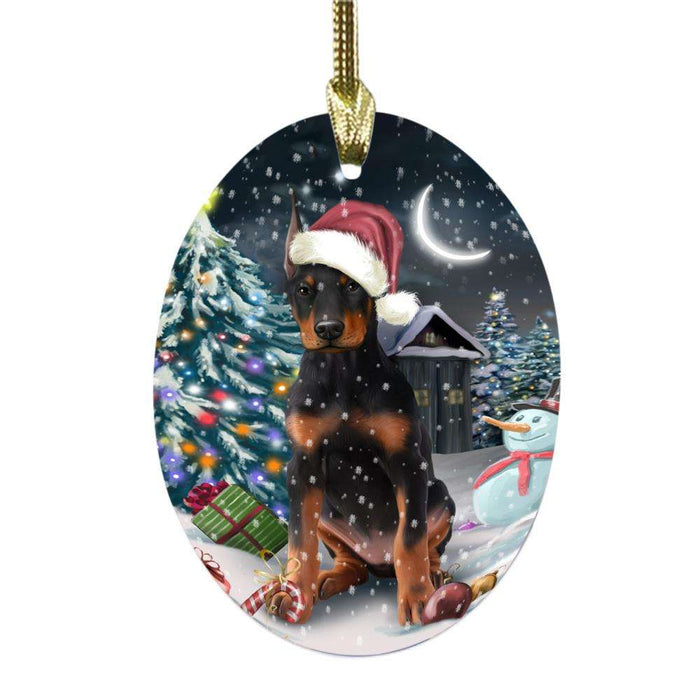 Have a Holly Jolly Christmas Happy Holidays Doberman Pincher Dog Oval Glass Christmas Ornament OGOR48154
